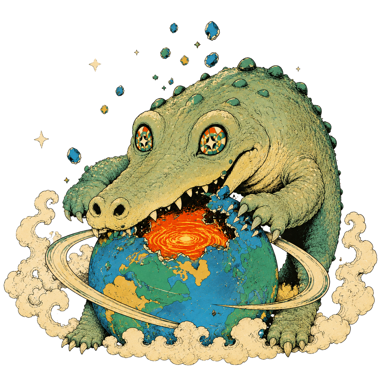 CROCOZMO biting into a glowing planet