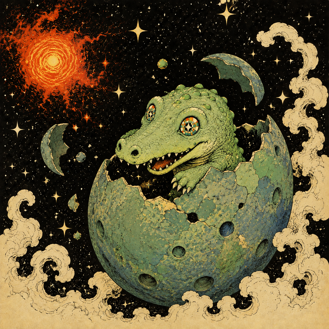CROCOZMO hatching from a cosmic egg