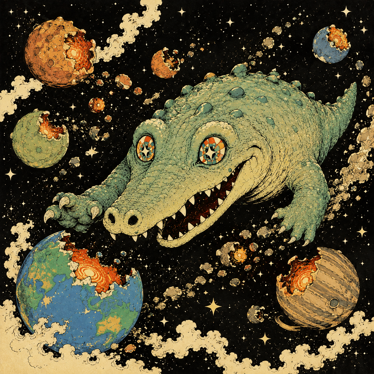 CROCOZMO floating through a feast of bitten planets