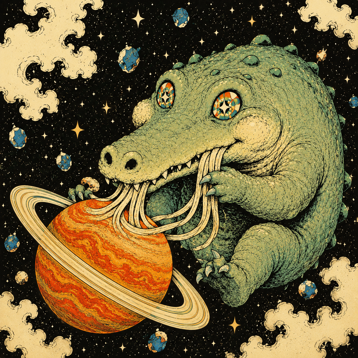CROCOZMO eating planetary rings like noodles